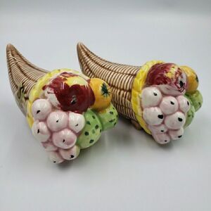Vintage Cornucopia Salt and Pepper Shakers Fruit Basket Tilso Japan Thanksgiving